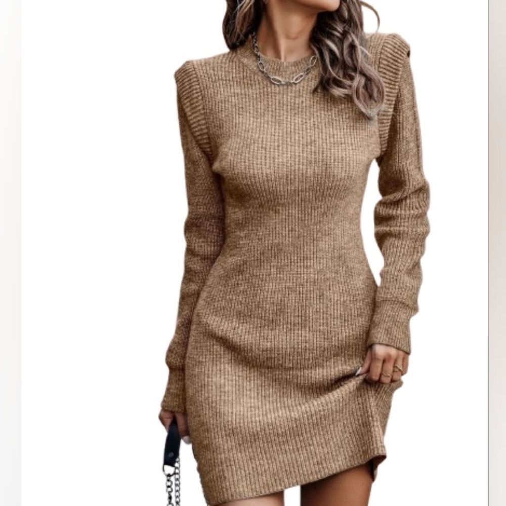 Ribbed Knit Bodycon Sweater Dress Stretchy Gold Tan Knit Sz Medium